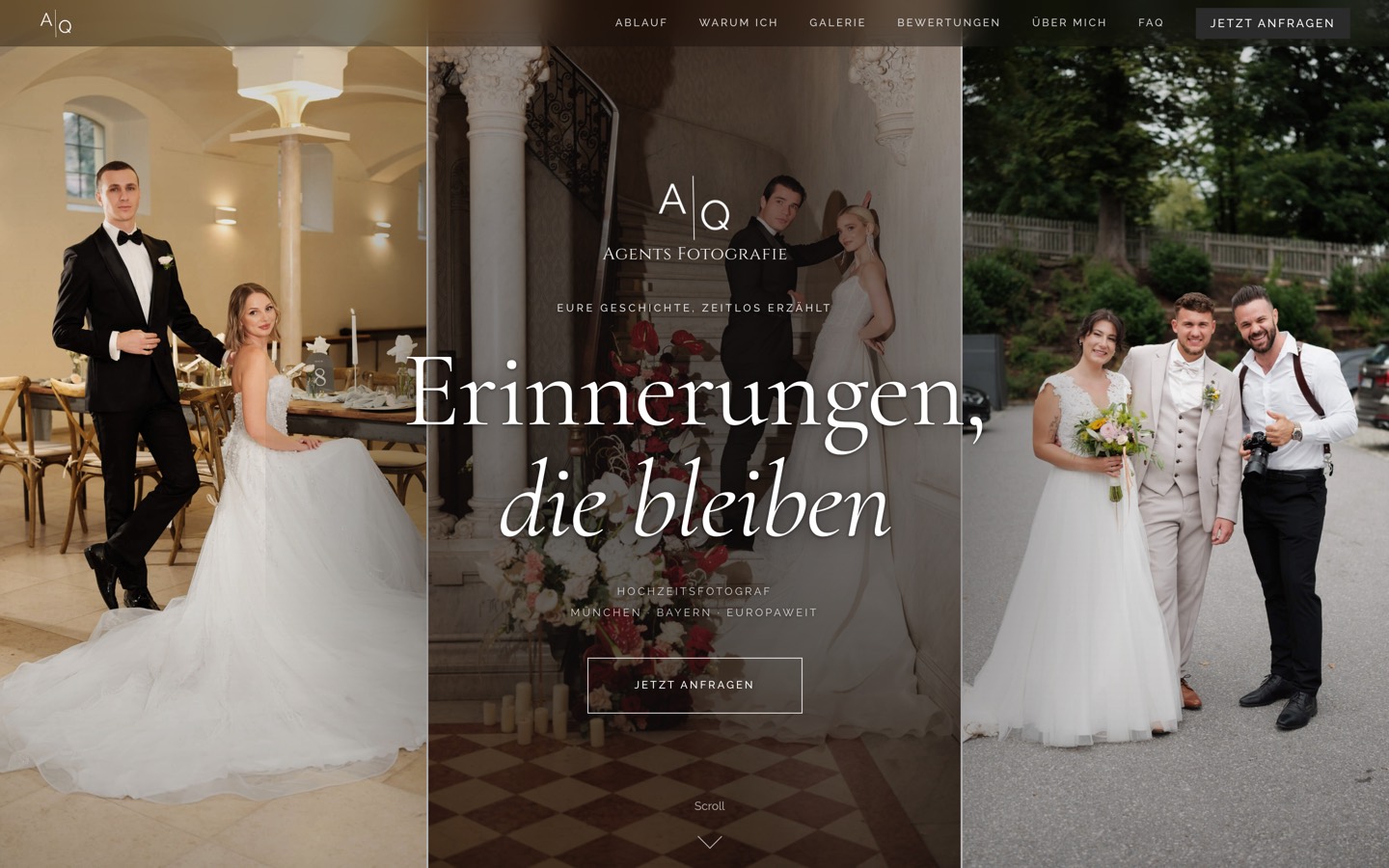 Startseite von Agents Fotografie: editorial gestaltete Website eines Hochzeitsfotografen mit drei großflächigen Aufnahmen nebeneinander
