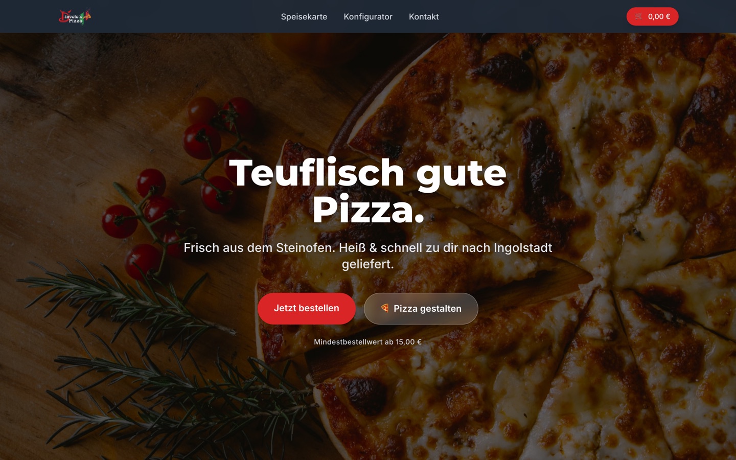 Startseite von Diavolo’s Pizza: großflächiges Foto einer Pizza aus dem Steinofen mit den Knöpfen „Jetzt bestellen“ und „Pizza gestalten“