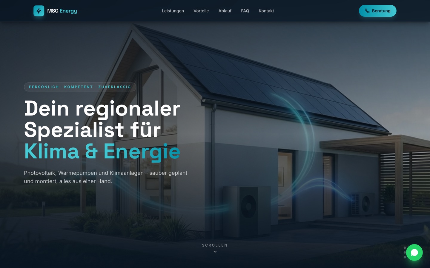 Startseite von MSG Energy: dunkler Hero mit einem Wohnhaus, Solardach, Wärmepumpe und Klimagerät, verbunden durch eine leuchtende Energielinie